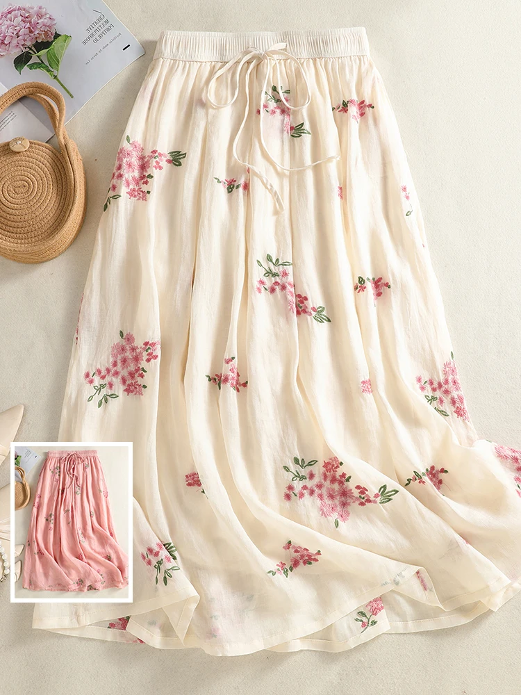 Artistic Embroidered Lightweight Flax Double Layer f Skirt Elastic Waist Dstring Slim A-Line Skirt plus Size Women's Fa...