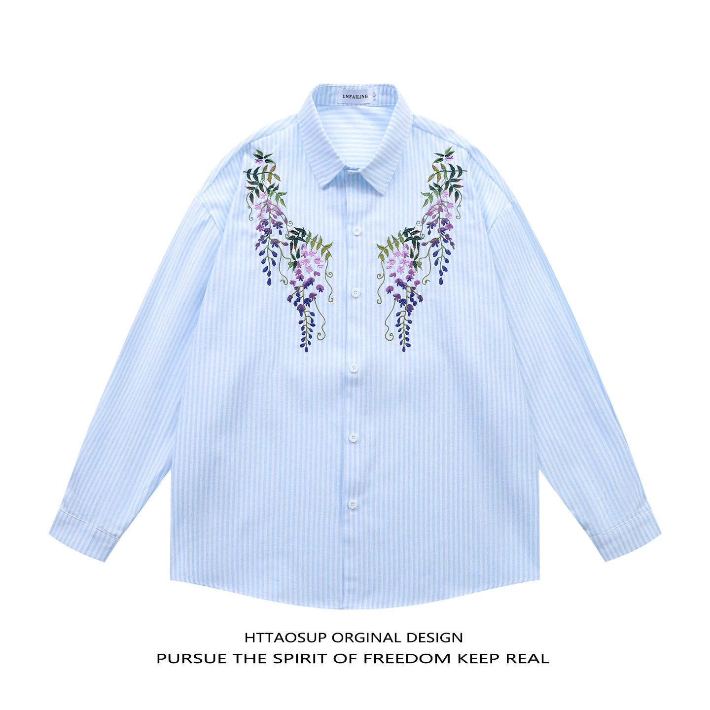 

HTTAOSUP2026 Spring New Floral Vine Embroidery Striped Long Sleeve Casual Shirt Men Women Loose Versatile Cotton Polyester Blend