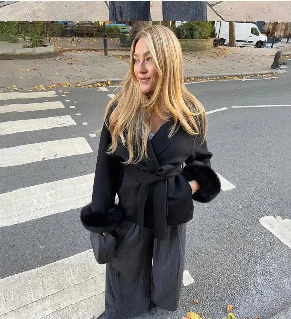 Elegante frauen Lace Up Woolen Mäntel Solide Volle Hülse Drehen-unten Kragen Lose Dame Mäntel 2025, Herbst Winter weibliche Streetwear
