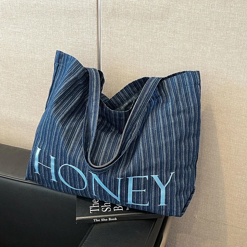 

Leisure Commuting Large Capacity Denim Bag for Women Fashion Trend Shoulder Bag Versatile Striped Tote Bag Женская Сумка.