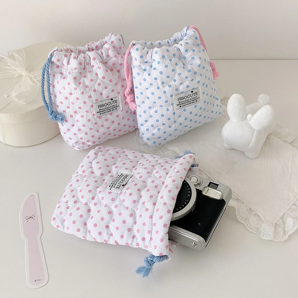 Women Korean Style Makeup Case Polka Dot Quilted Heart Drawstring Cosmetic Bag Portable Storage Pouch for CCD Camera