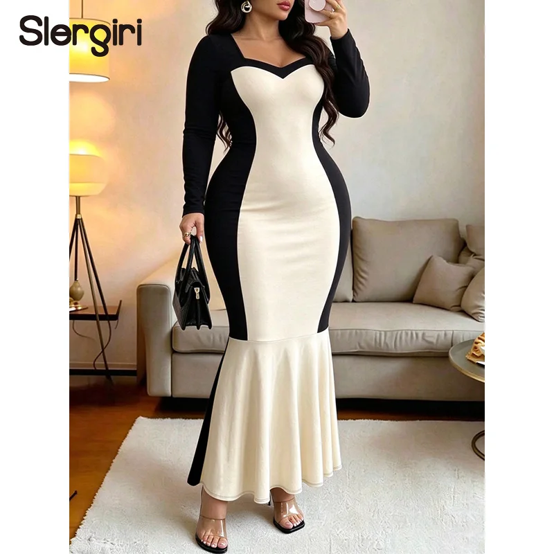 Slergiri Plus Size Sweettheart Neck Colorblock Mermaid Hem Dress Women Spring Autumn Evening Party Bodycon Elegant Long Dresses