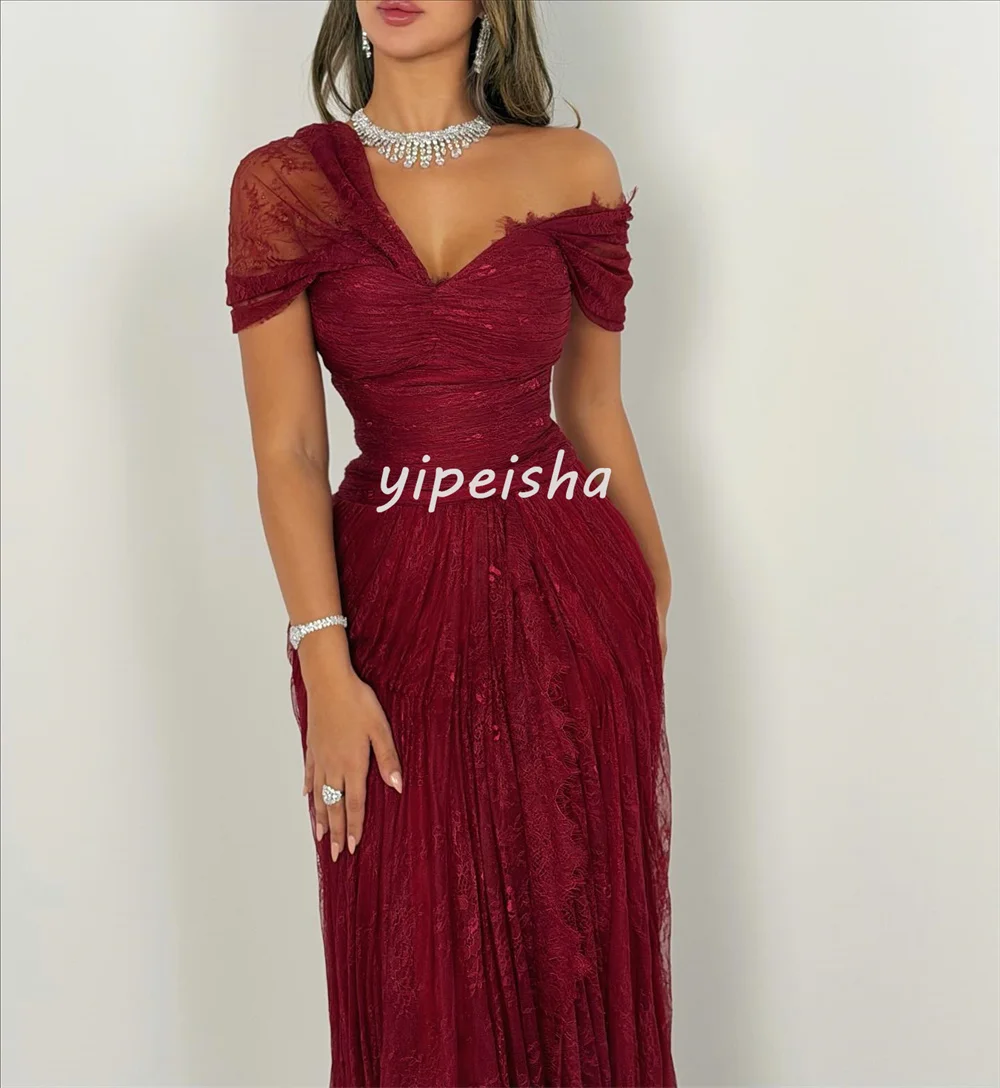 Customized Sexy Exquisite Lace Pleat Ruched A-line Off-the-shoulder Long Dresses Bespoke Occasion Dresses Sizes Available Casual