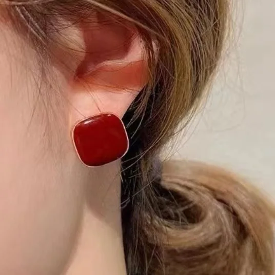 S925 الفضة إبرة الكورية قطرة الزيت الحب أقراط جميلة بورجوندي ساحة هندسية أقراط 2023 الاتجاه المرأة Jewelrg #6