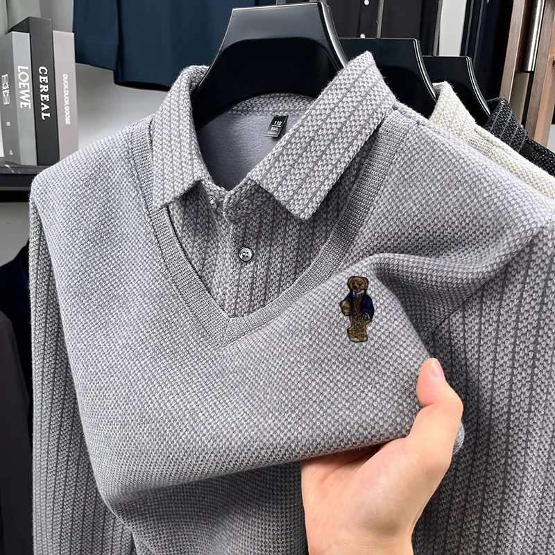 Design Fashion Men's Embroidery Polo Shirt Lapel Fake Two-Piece Long Sleeve Original Casual T-Shirt Commute Versatile Men's Wear