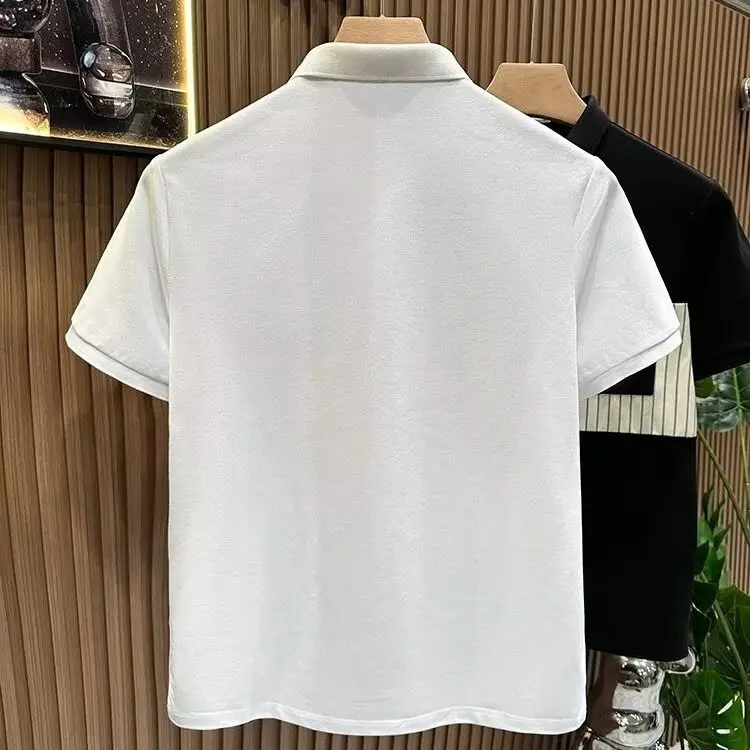 قميص بولو رجالي بياقة متباينة سوداء وأكمام قصيرة، تي شيرت كاجوال أنيق