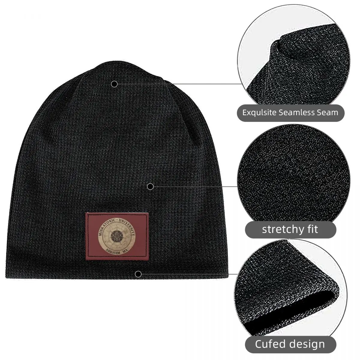 Miskatonic University Waffle Knit Fleece Lined Beanie with PU Leather Patch Unisex Warm Winter Soft Cap
