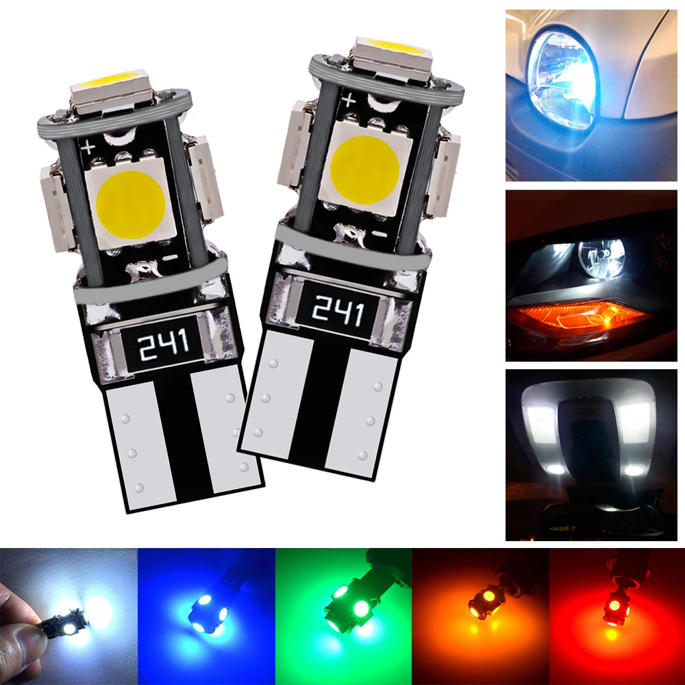 2Pcs Canbus 194 5050 White Blue Red 5SMD Auto Light No Error LED DC 12V Bulbs Reading Tail Lamp Door Turn Signal Marker Interior