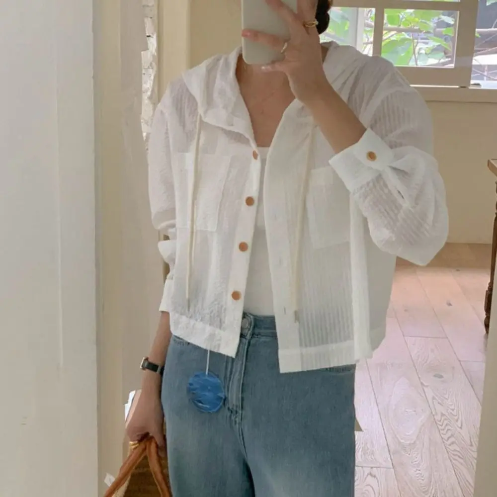 

Simple Drawstring Striped Hooded Shirt Retro Loose Long Sleeved Shirt Chic Sunscreen Sweatshirts for Women Autumn