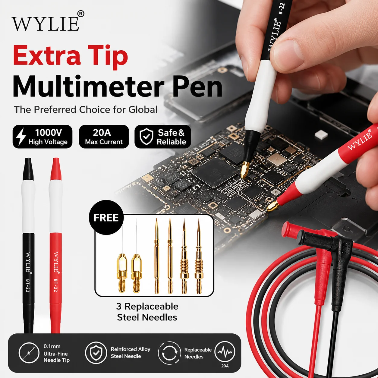 WYLIE BT-22 High Precision Multimeter Test Probes 3 Replaceable Needles for Phone PCB Circuit Testing Repair