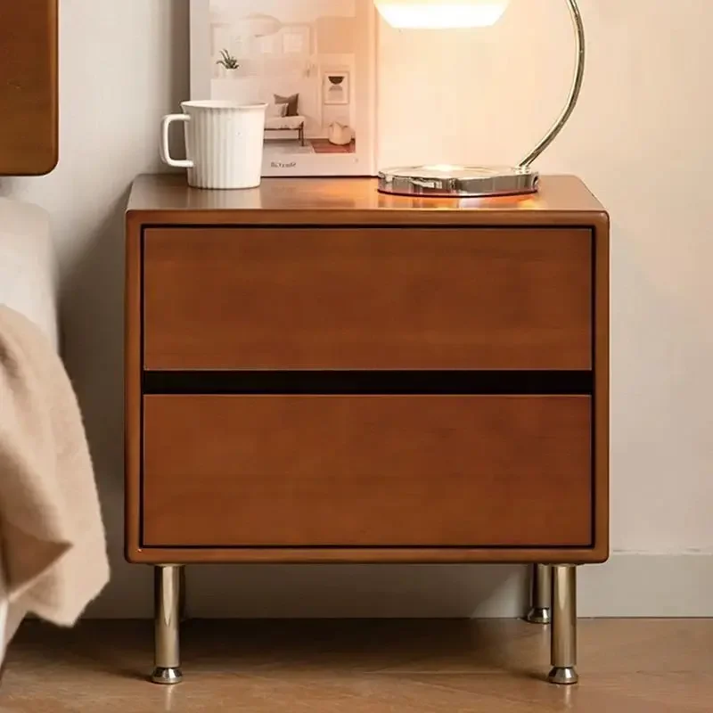 Medieval vintage wood bedside table hidden recessed handle polished Chrome compact bedroom storage bedside table coffee table