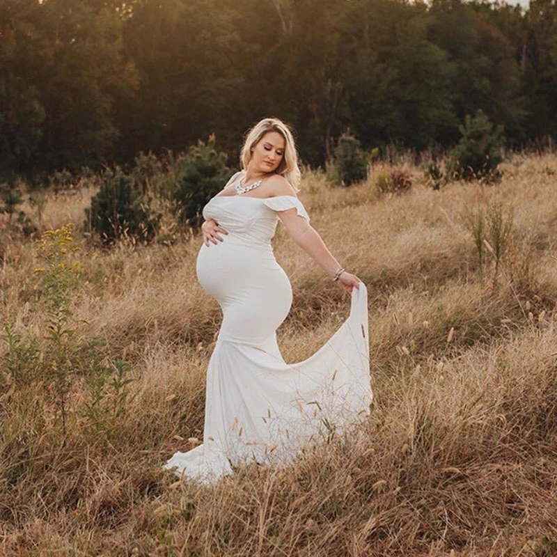 Maternity Dress Shoulderless Cotton Sexy Cross V-neck Pregnancy Dress for Photo Shoot Comfortable Pregnant Women's Clothing
