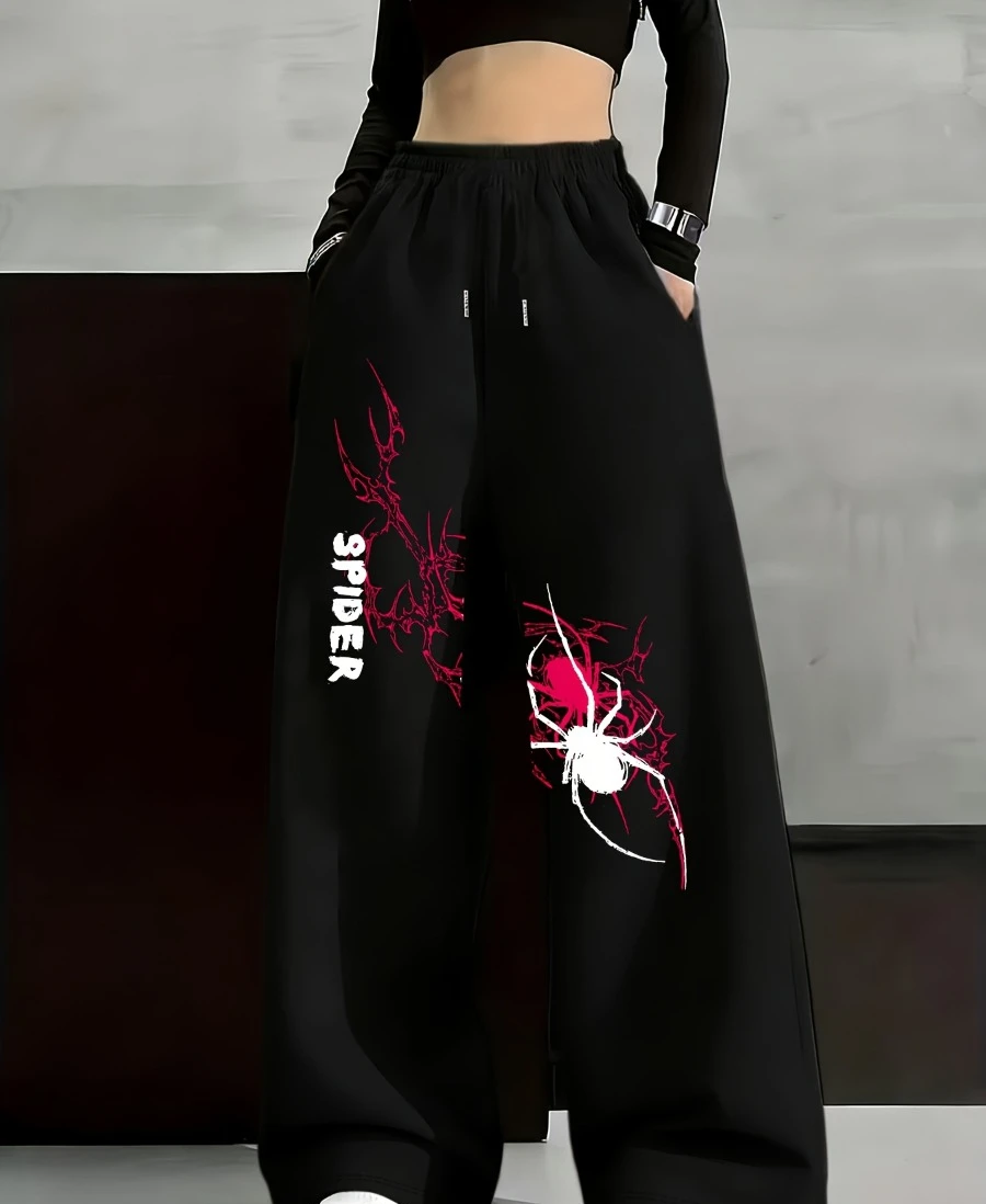 Women's Y2K Punk Spider Letter Graphic Straight-Leg Pants - Loose-Fit Black Trousers with Front, Machine Washable Spring/Autumn
