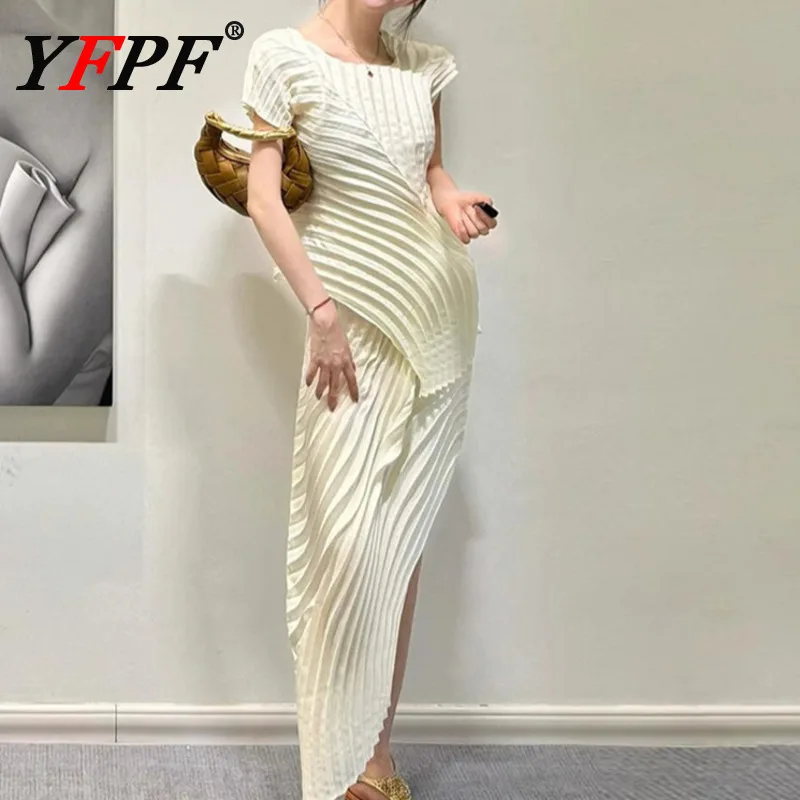 

YFPF Miyake Pleated Design Two Piece Set Women Fashion Irregular Tops + Split Skirt Elegant 2025 Solid Color New Clothing