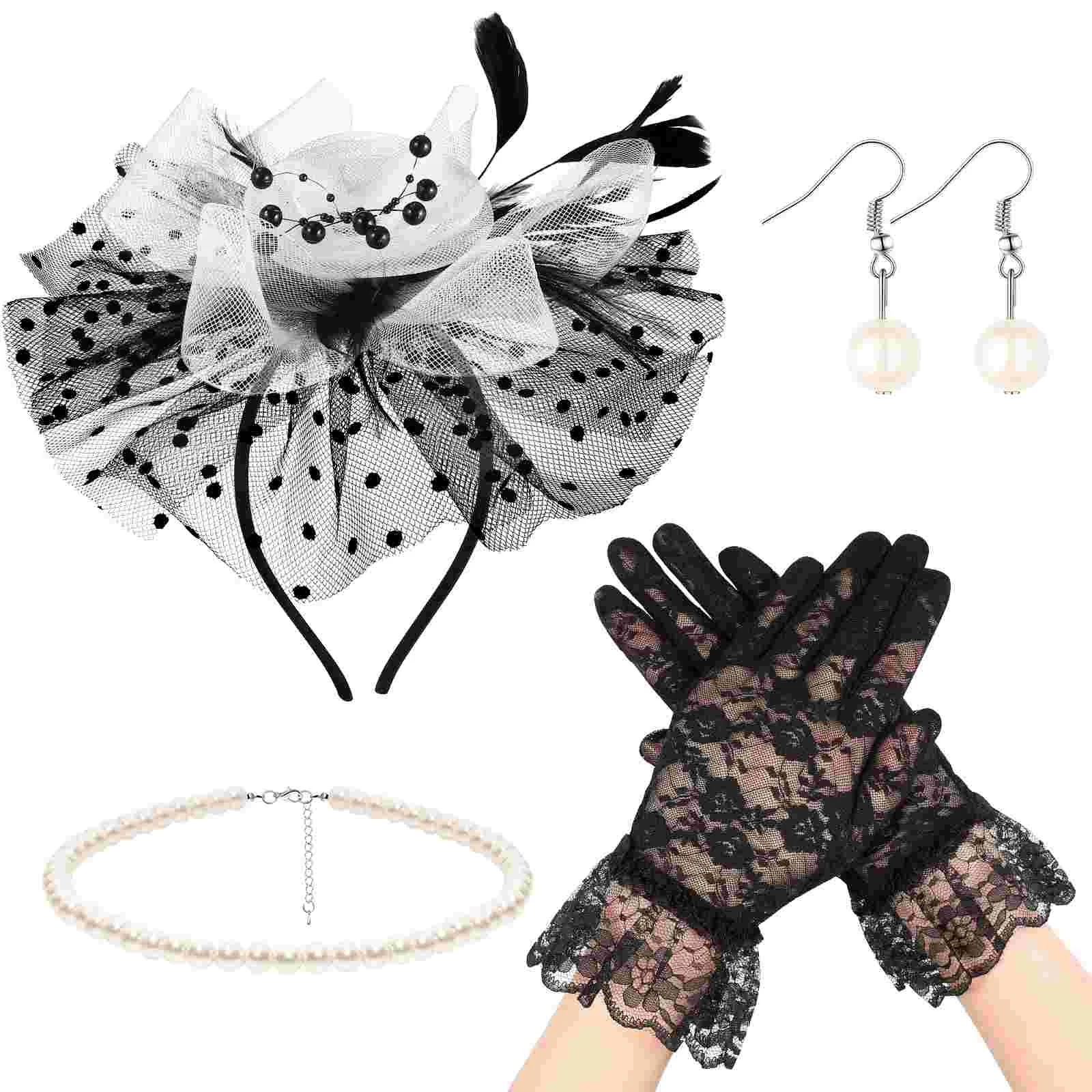 White Mesh Head Flower Fascinator Hat Hairband Party Headdress Lace Gloves Pearl Earrings Studs Women's