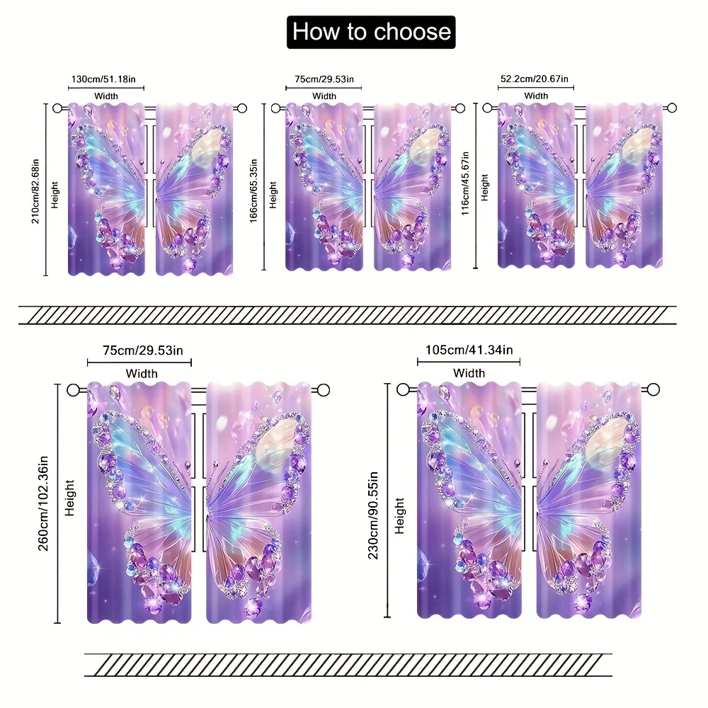 2pcs Butterfly Curtains Purple Gemstone Wing Print Drape Girls Room Bedroom Window Treatment Fantasy Home Decor Panels
