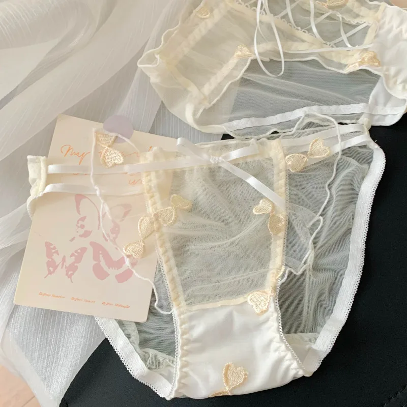 Women Mesh Transparent Ribbons Ruffle Embroidery Sexy Underwear Cute Lovely Sweety Panties Apricot Princess Style Breifs