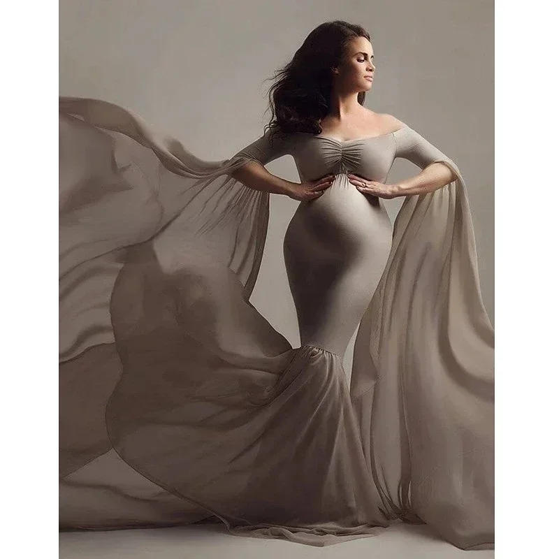 Vestido de ombro sem peça para gestantes, vestido de emenda, adereços fotográficos de maternidade, moda elegante