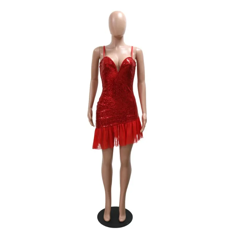 Minivestido ajustado INS con tirantes de retales de malla con lentejuelas para mujer, Vestidos sexys de noche para fiesta y discoteca, para otoño 2024
