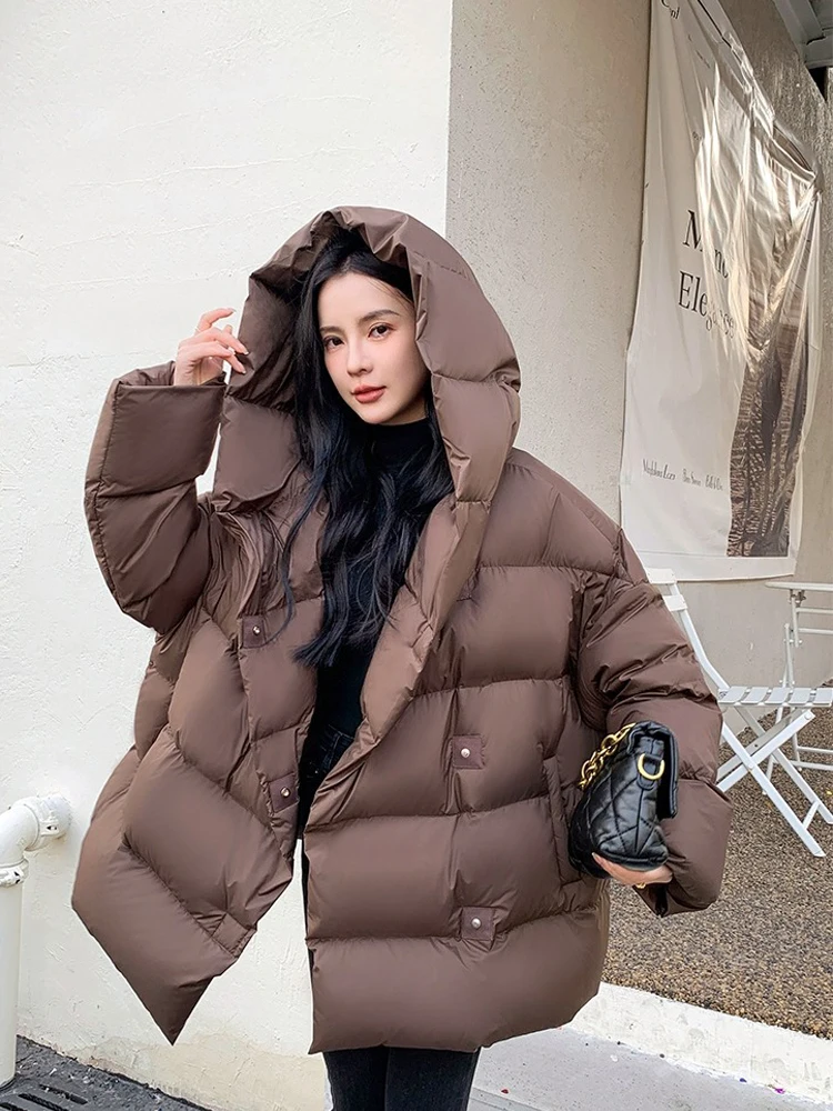 Luxury Women\'s Fluffy hooded down jacket oversized Winter Warm Solid Long sleeve puffer coat High quality Korea INKEO 3O280