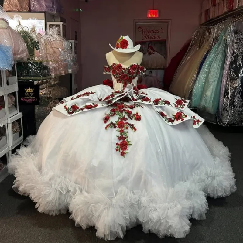 witte Quinceanera Jurk off-shoulder Kant gelaagdheid glitter decal 3D bloem Lange staart Boog vestidos de 15 Quinceanera ﻿ Aanpassen