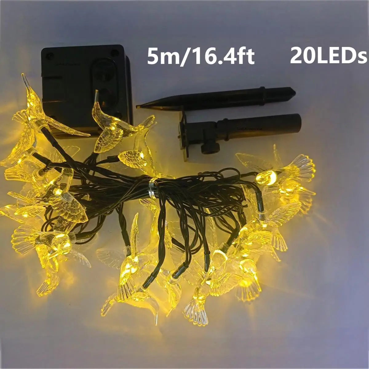 Cadena de luz solar - Lámpara de hadas de 20 LED Lámpara de colibrí para jardín al aire libre, decoración de patio y valla, ahorro de energía, impermeable, 8 modos de iluminación, decoración navideña