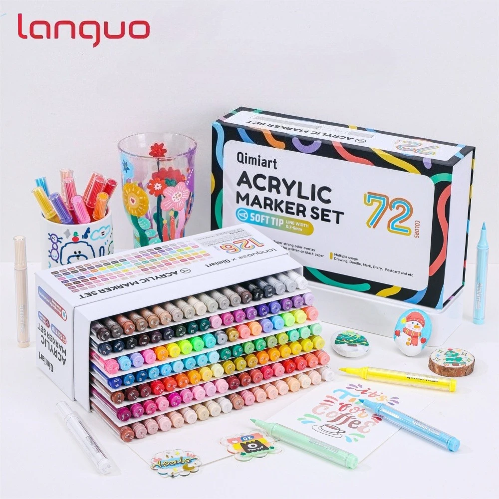 LANGUO 126Colors/box Acrylic Paint Markers Set Soft Brush Tip Acrylic Paint Pens for Rock Painting Ceramic Glass Canvas Mug Wood