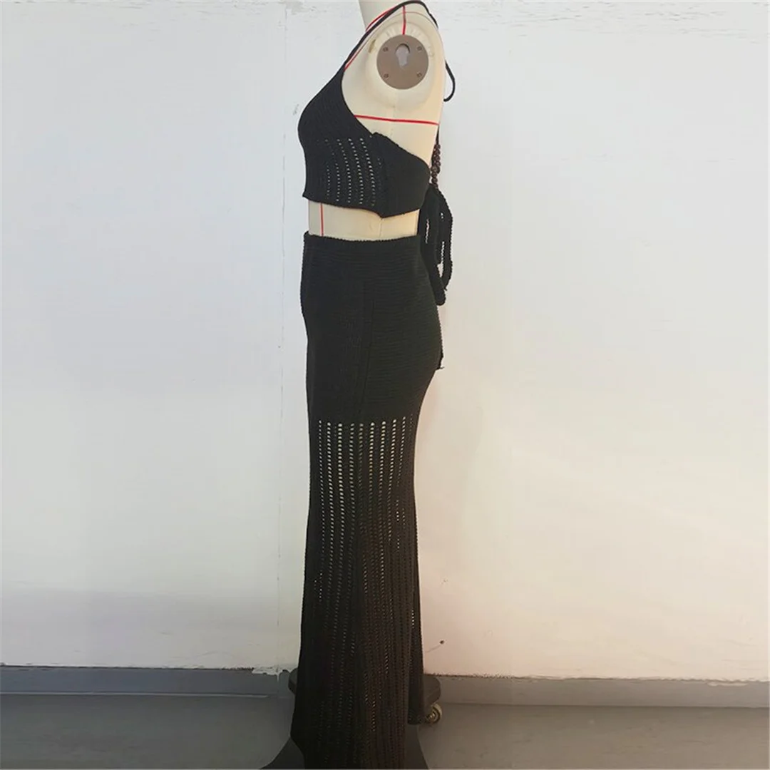 V-Ausschnitt, Halterneck, einfarbig, gehäkelt, gestrickt, zweiteiliger Anzug, Strandkleid, Strandmode, Strandbekleidung, Strandüberwurf, Damen, V7648 – Detail 15