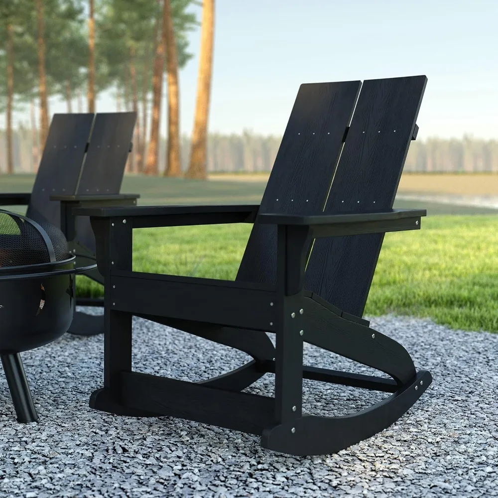 

EMMA + OLIVER Harmon Adirondack Rocking Chair Black Poly Resin Suitable for Indoor/Outdoor Use All Weather Materials Eas