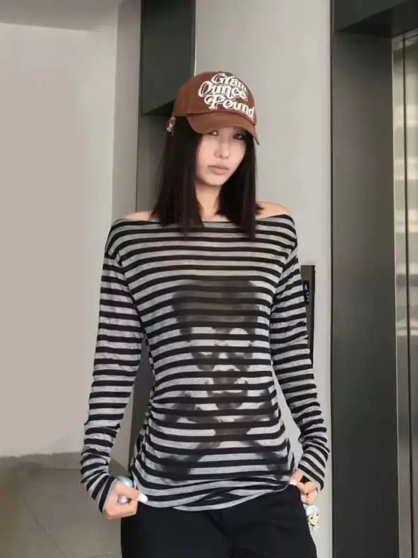 

Футболки большого размера в стиле панк Y2k с принтом черепа, модный винтажный полосатый топ для женщин, ранняя осень 2022, новая футболка с длинными рукавами