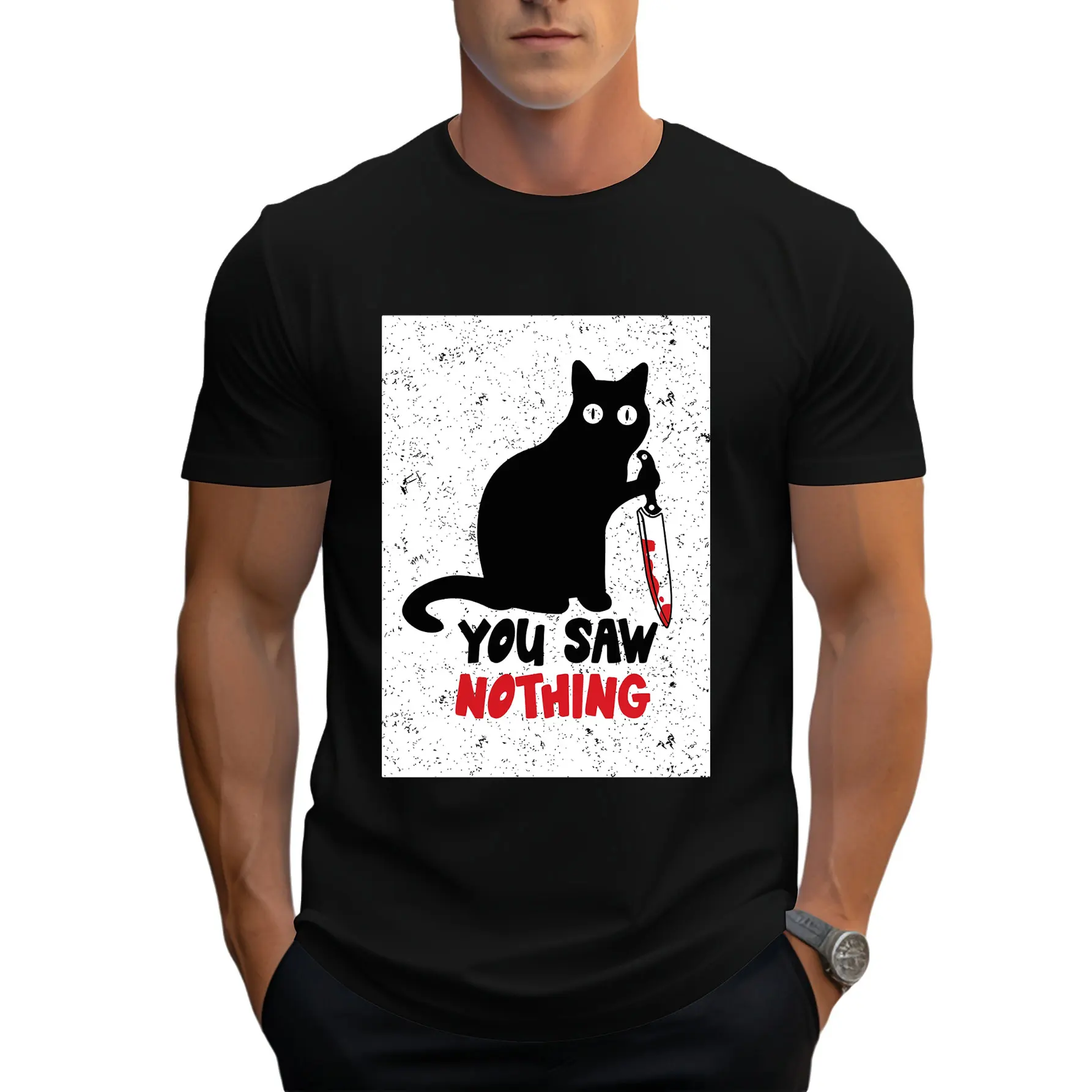 

Black Cat with Knife You saw nothing Funny Halloween Gift t shirt Cute cats Graphic Clothes 100% cotton All size Tops S-6XL