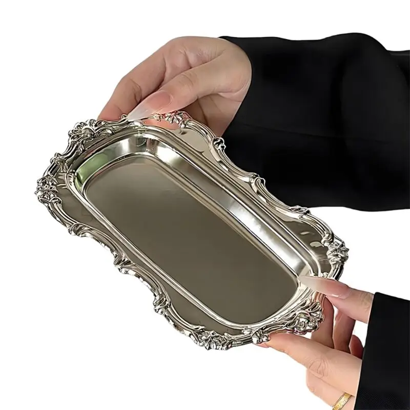 A95I-Serving Tray Platter Vintage Embossed Stainless Steel For Desserts Jewelry Storage Snack Plate For Dining Table Decor