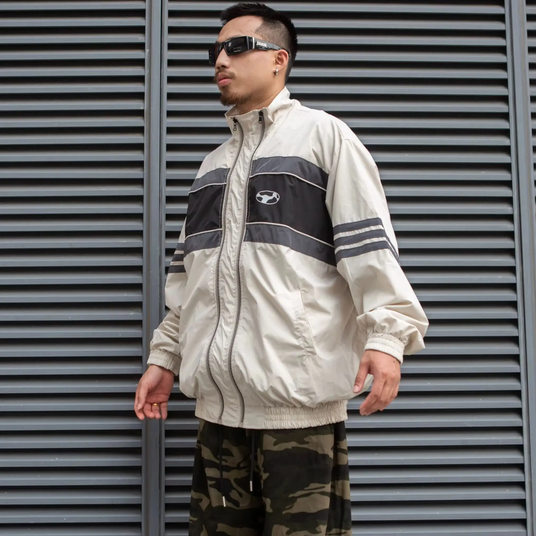 Men American West Coast Stripe Windbreaker Vintage  Streetwear Jacket Loose Retro Sports Zip Up Outerwear Hip Hop Casual Coat