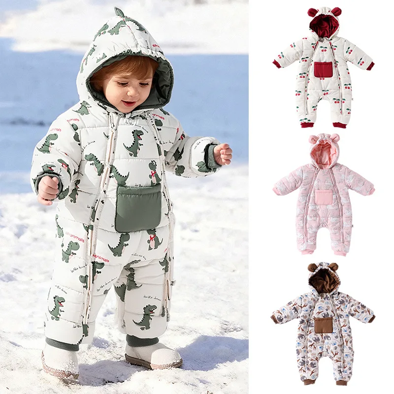 

Newborn Boy Winter Rompers Hooded Cartoon Printed Thicken Warm Toddler Girls Jumpsuits Kids Baby Girls Fleece Bodysuits Outwear