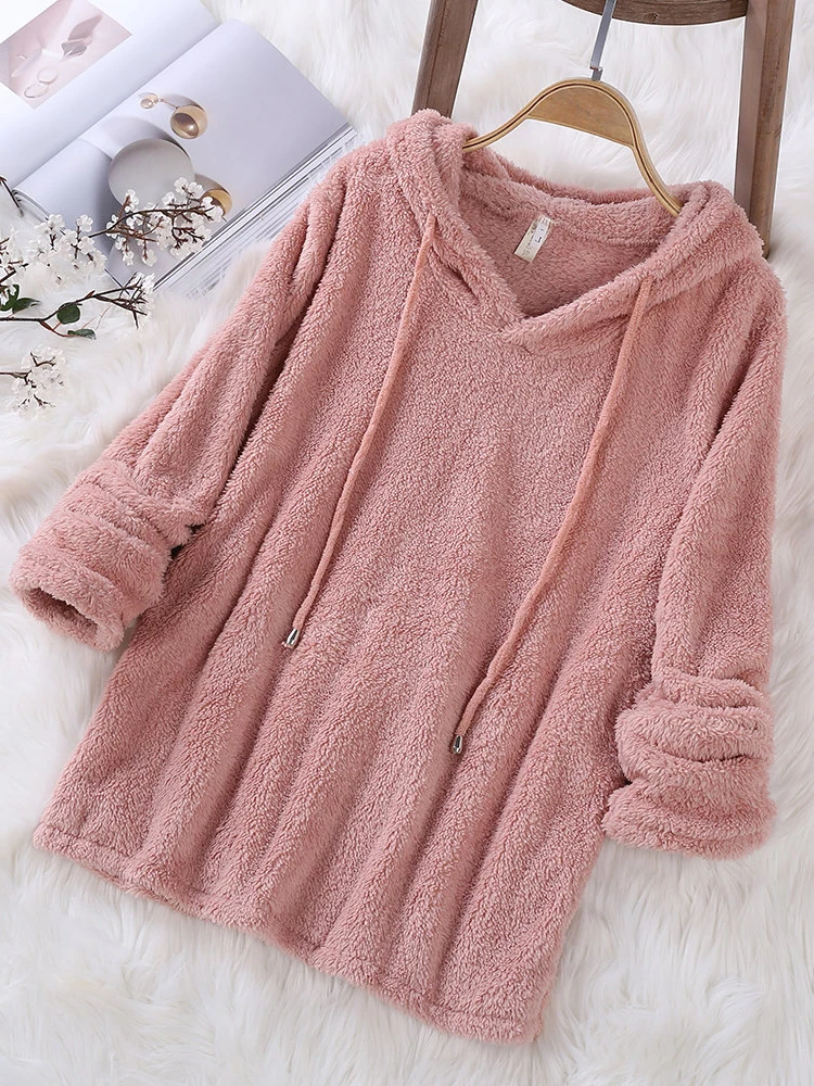 

Autumn Winter Pure Color Long Sleeve Hoodie Jacket Double Sided Fleece Women's Sweatshirt Outerwear Fashion Trend