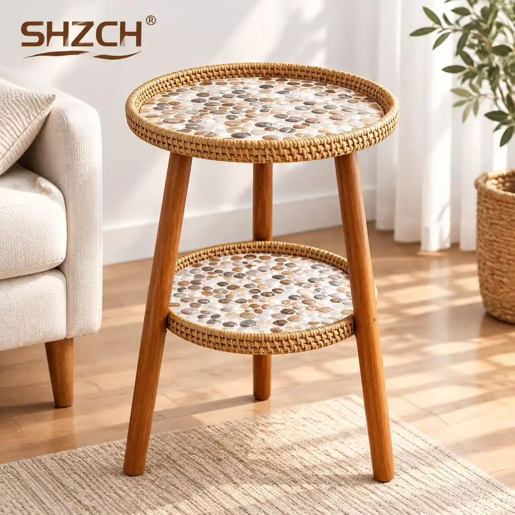 Handcrafted Rattan Two Tier Side Table with Mother of Pearl Mosaic, Luxury Round End Table for Living Room Bedroom Furniture