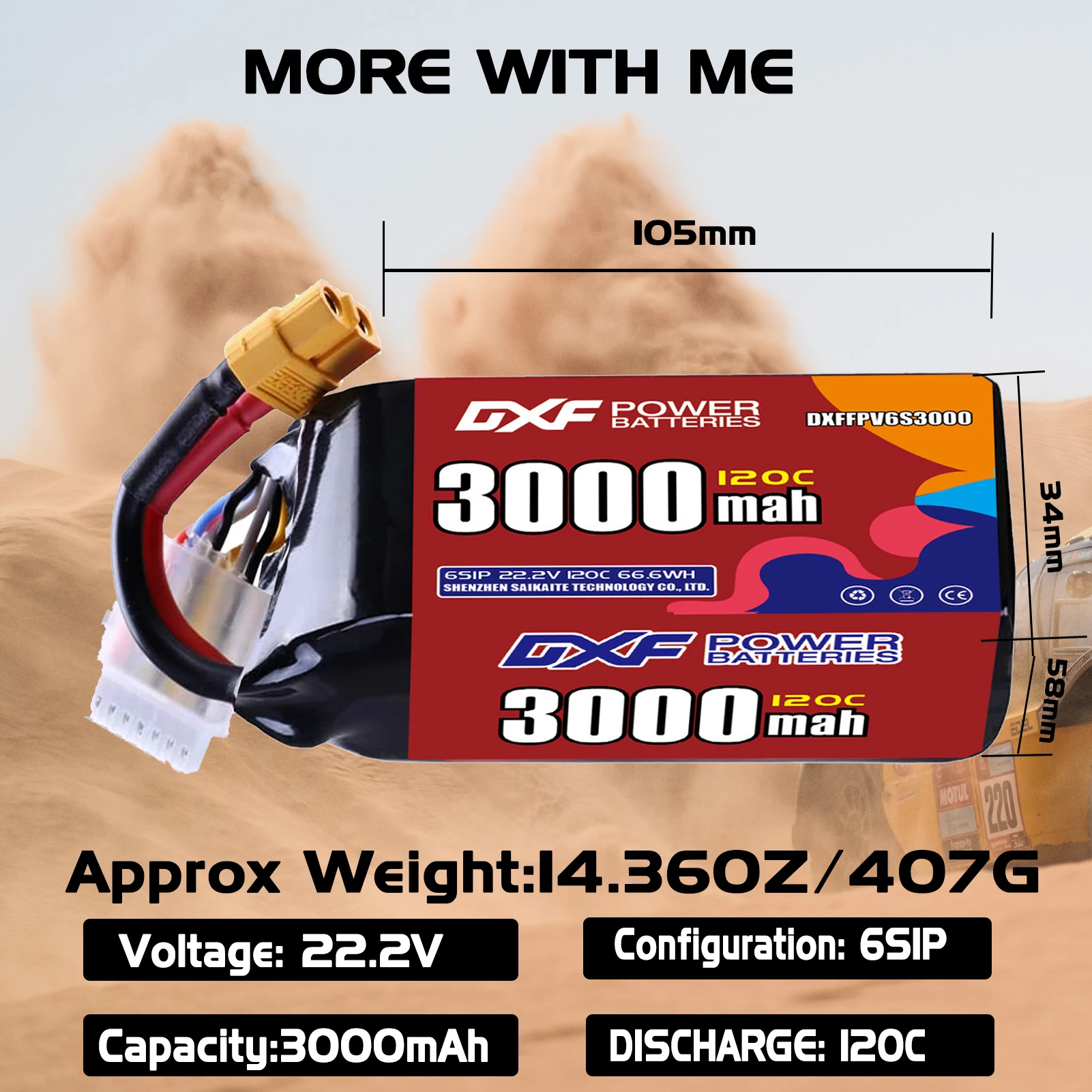 DXF Lipo 6S batterie 22.2V 2600mAh 3000mAh 2200mAh 1100mAh 120C avec prise XT30 XT60 JST pour hélicoptère FPV quadrirotor Drone