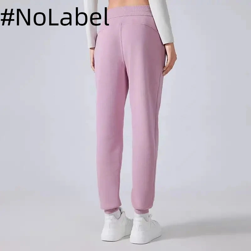 NoneLabelCollection Yoga Cuffed Pants Women Winter Fleece Sweatpants Pockets Warm Elastic Waist Drawing Loose Ninth Sports Pants