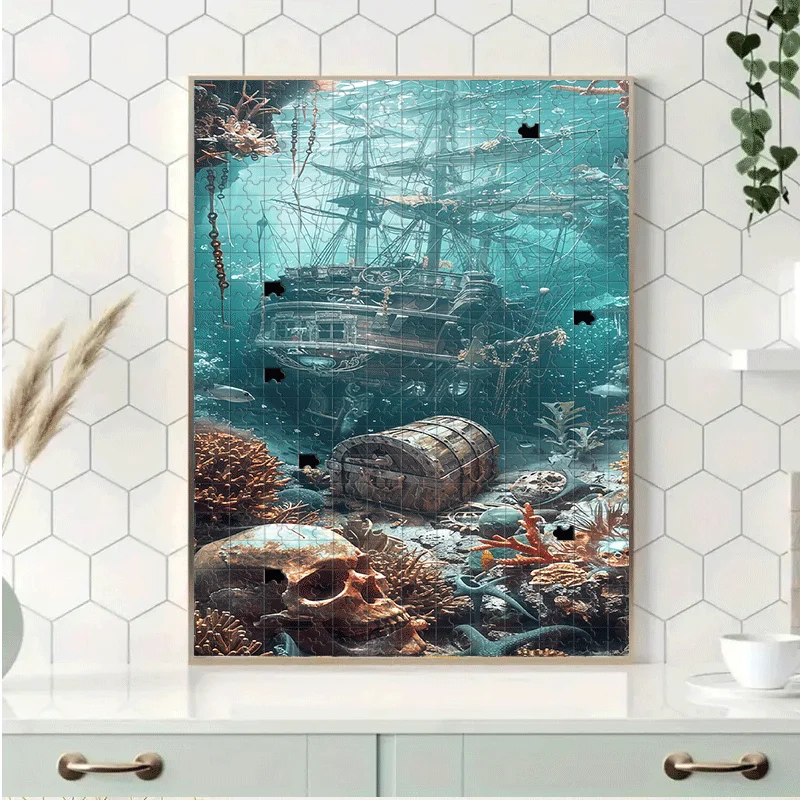 500pcs or 1000pcs Extra-Challenging Pirate Shipwreck & Treasure Chest Jigsaw Puzzle for Adults - Large Jigsaw Game with 5-Colo