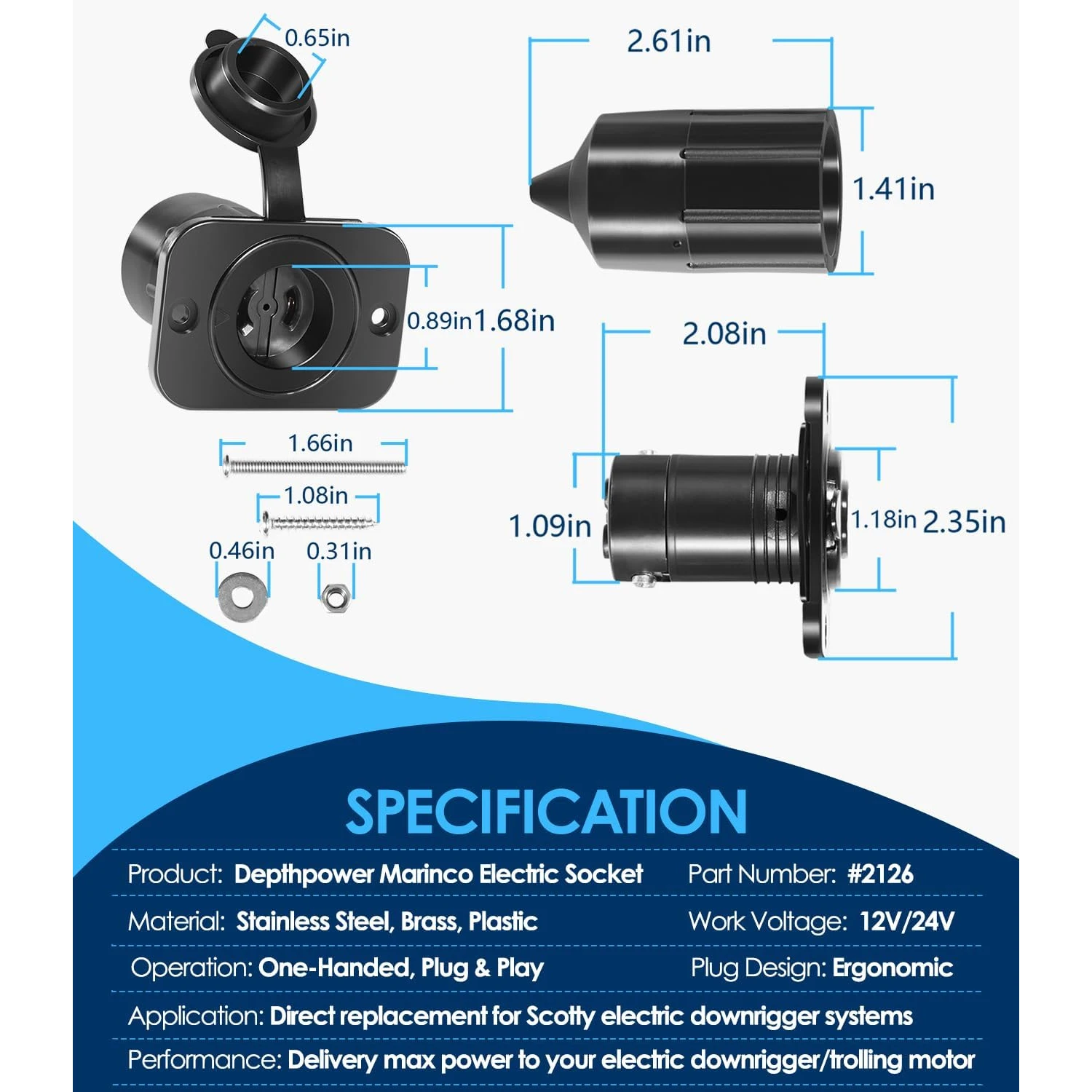 For Scotty Depthpower Electric Downriggers Power Connector 2 Wire 12/24/36V Systems, 2126 Marine Downrigger Receptacle Socket