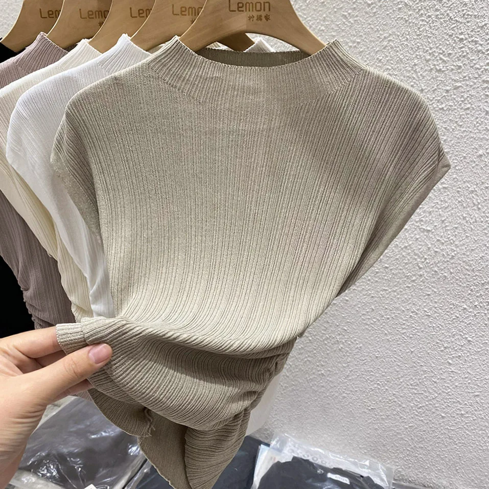 2026 Spring Summer Ice Silk Knit T-Shirt Half High Neck Waist Slimming Unique Design Slim Fit Short Sleeve Inner Tops