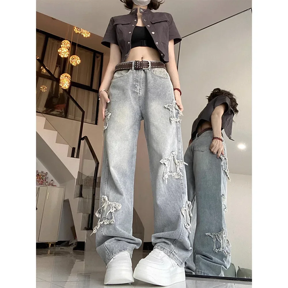 

American Retro Star Pattern Blue Denim Trousers for Women Korean Ins High-waisted Jeans Straight Leg Fashion Washed Female Pants