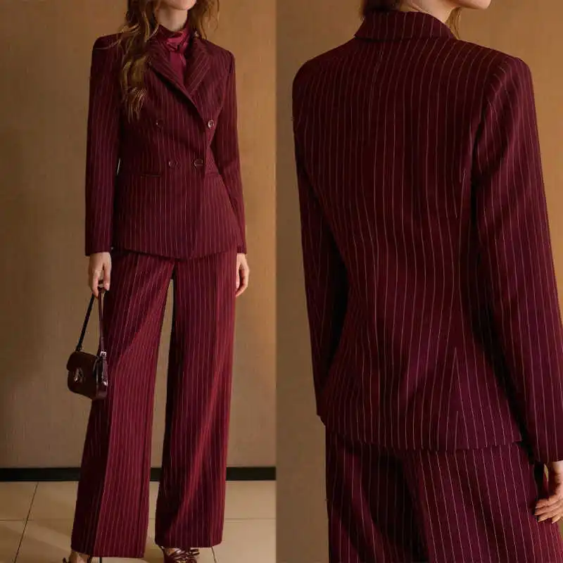 Business Women Jacket Pinstripe 2 Piece Set Peaked Lapel Mother Of The Bride Suits Fashion Double Breasted Pants Suit Customized