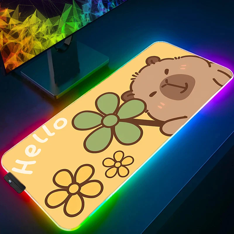 RGB Mouse Pad Anime Gaming Accessories Mousepad LED Gamer PC Completo Computer Kawaii Keyboard Pad Capybara Desktop Mat Varmilo