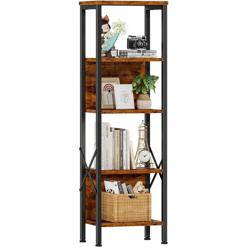 

Bookcase Rustic Standing Shelf Units Metal and Wood Display Storage Rack Organizer for Bedroom Tall Narrow Bookcase Living Room