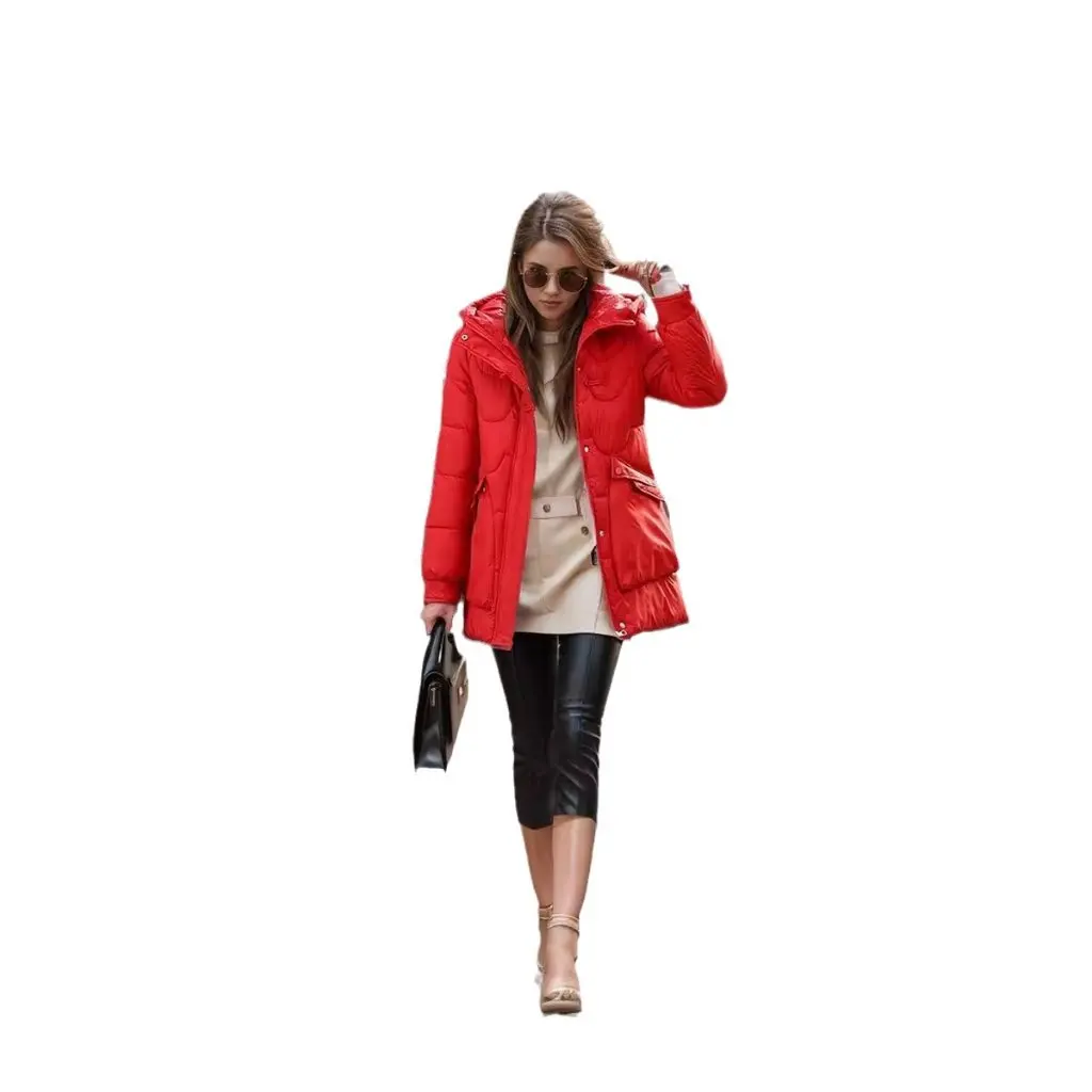 

Women's Mid-Length Cotton-Padded Coat with Hood Korean Style Casual Solid Color Elegant Thickened Simple Coat