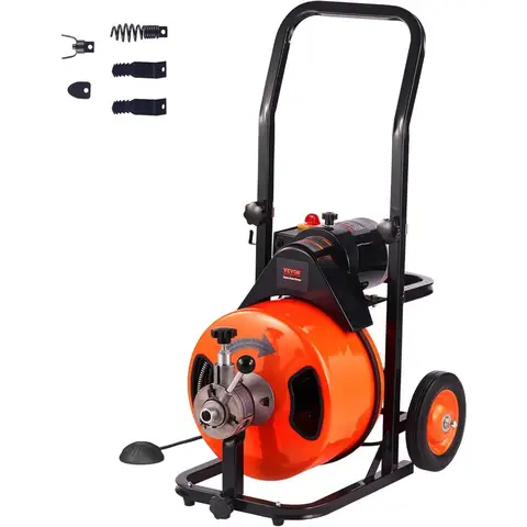 Drain Cleaner Machine, Sewer Snake Auger Auto Feed with 4 Cutter & Air-activated Foot Switch for 2" to 4" Pipes