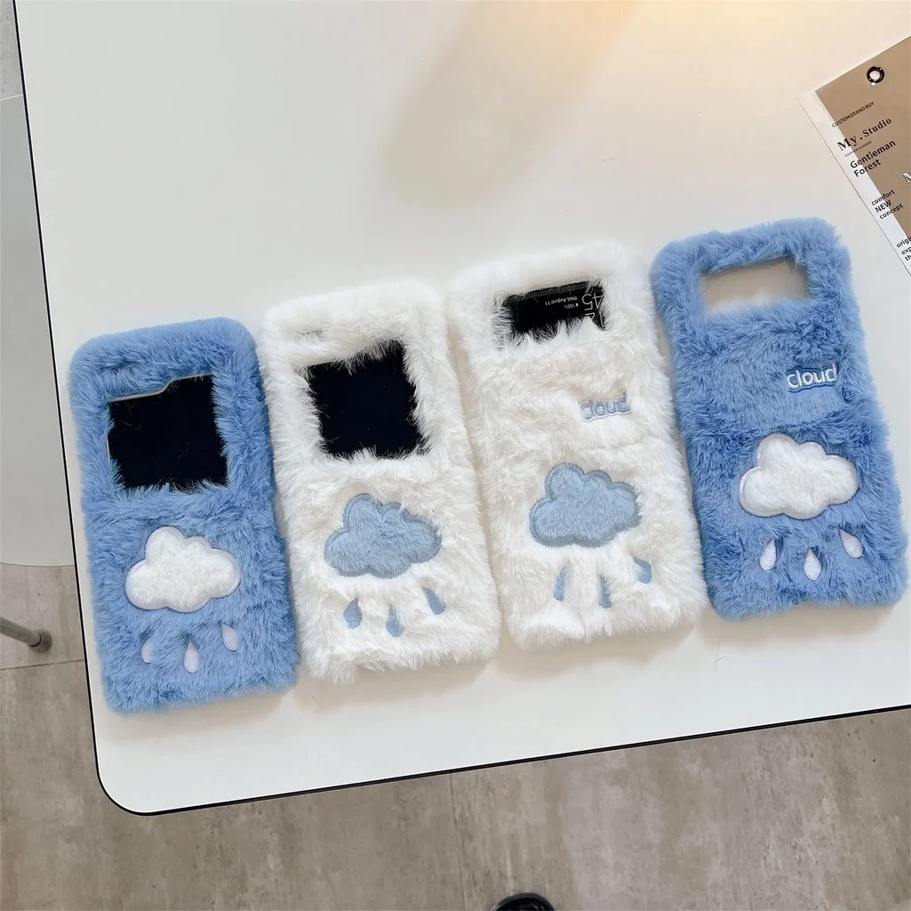 Luxury Warm Winter Cute Cloud Raindrop Plush fluffy Fur Case For Samsung Galaxy Z Flip 5 3 4 5G Flip4 ZFlip5 Shockproof Cover