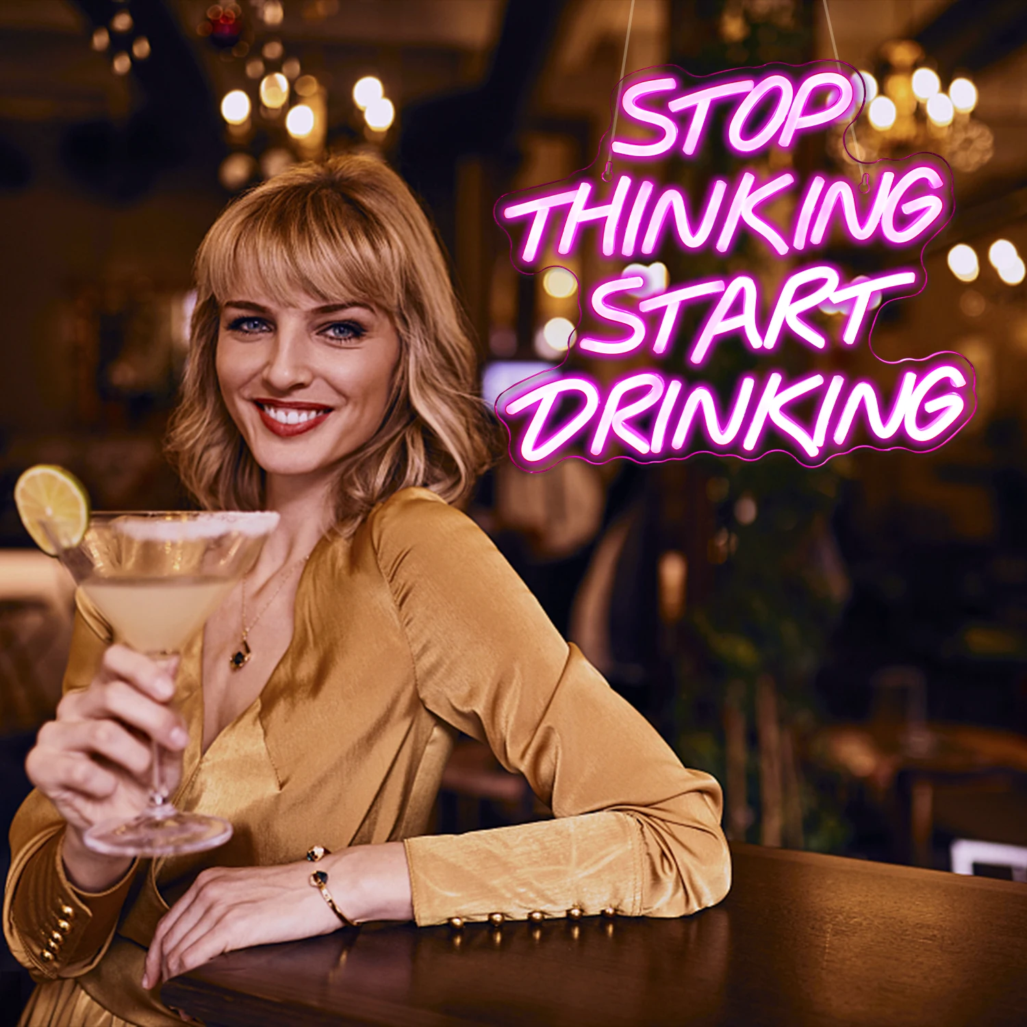 Stop Thinking Start Drinking Neon Sign Custom Bar Decor LED Neon Sign Wall Decor Personalized Gift Wedding Birthday Party Decor