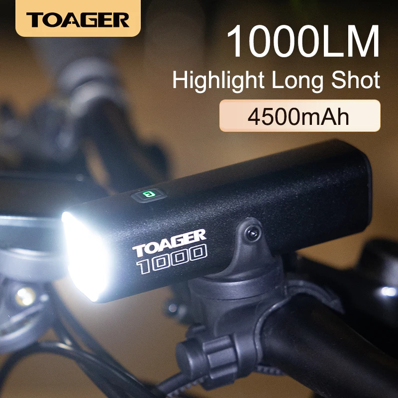 TOAGER Bicyle Light 1000Lumen 4500mAh Smart Start-stop Power Bank Type-C Rechargeable Bicycle Lamp Headlight for MTB Road Bike